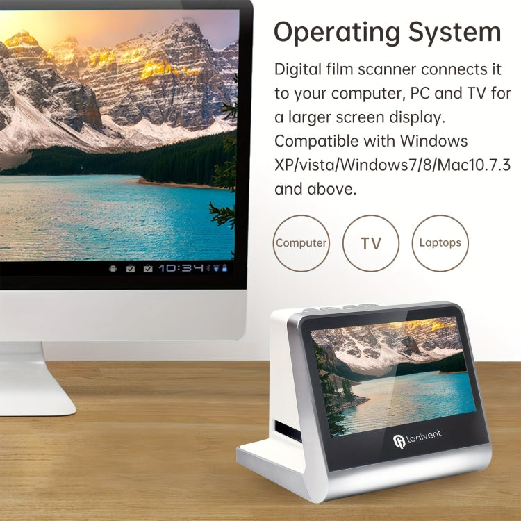 White film scanner with screen showing a landscape photo, connected for display on TV
