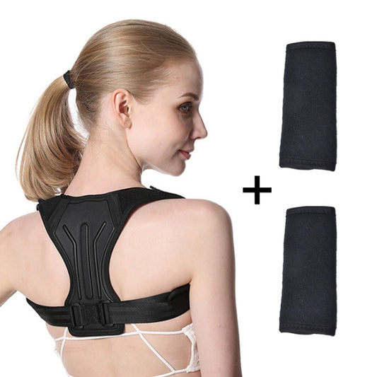 Black posture correction belt with shoulder strap, shown from the back on a model