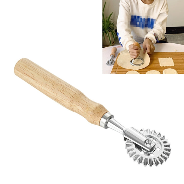 Biscuit mold rolling cutter with long wooden handle and round wheel metal disc