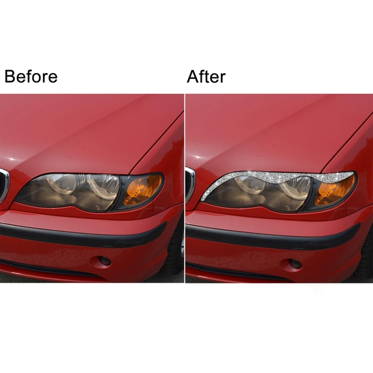 Car headlight eyebrow diamond sticker, silver glitter trim shown before and after