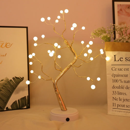 Copper wire pearl tree table lamp with warm white LED lights and white touch base