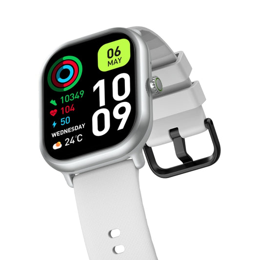 Fitness smart watch angled view with black screen and white strap, colorful date icons.