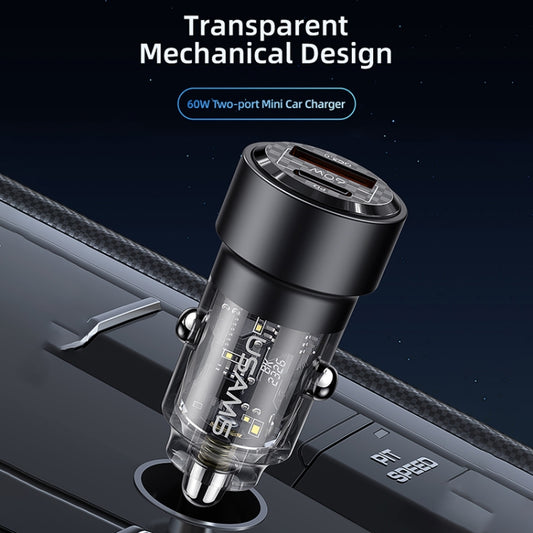 USAMS US-CC208 C39 60W USB + Type-C Dual Port Fast Charging Aluminum Alloy Transparent Car Charger, CC208 C39