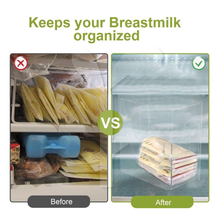 Clear acrylic breast milk storage container holding neatly stacked breast milk bags