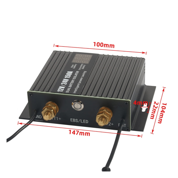 12V dual battery isolation controller with 100x147mm size diagram and EBS/LED terminals