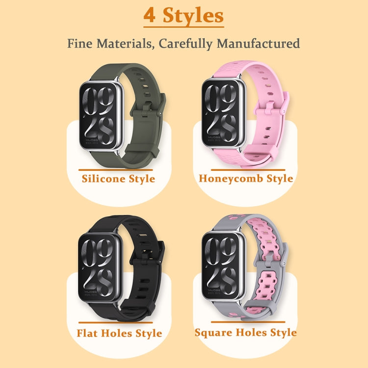 Silicone watch band set showing four perforation styles in green, black, and pink
