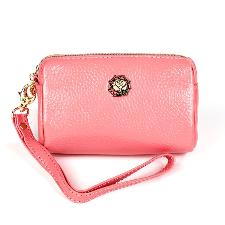 Pink zippered small leather cosmetic pouch wallet with lanyard strap and gold hardware