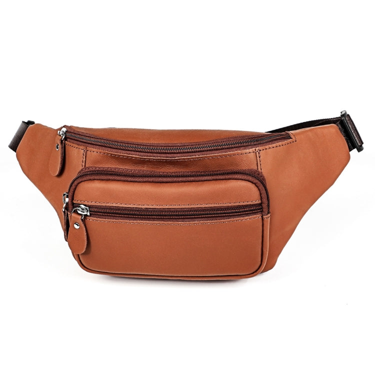 Brown leather single-strap waist messenger bag with front zip pocket and adjustable belt.