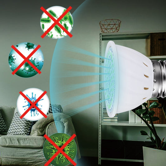 UVC sterilization lamp bulb emitting light rays with crossed germ icons