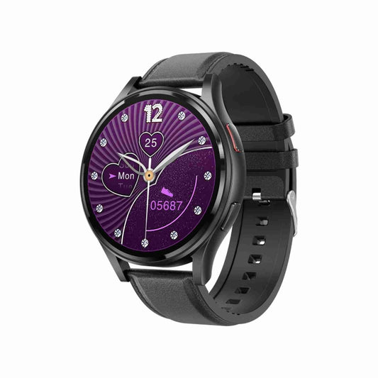 Black leather-strap smartwatch with purple dial, round bezel, and clock/date display