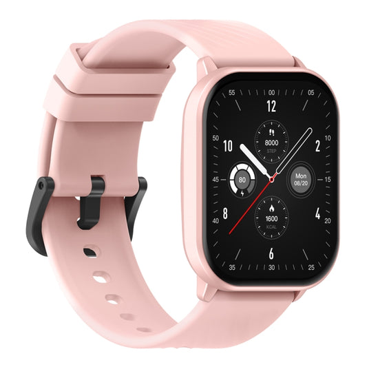 Pink smartwatch with curved case, black screen, and perforated silicone band.