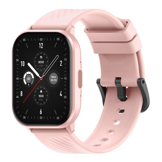 Pink smartwatch with black face and silicone band, angled view with call-style dial.