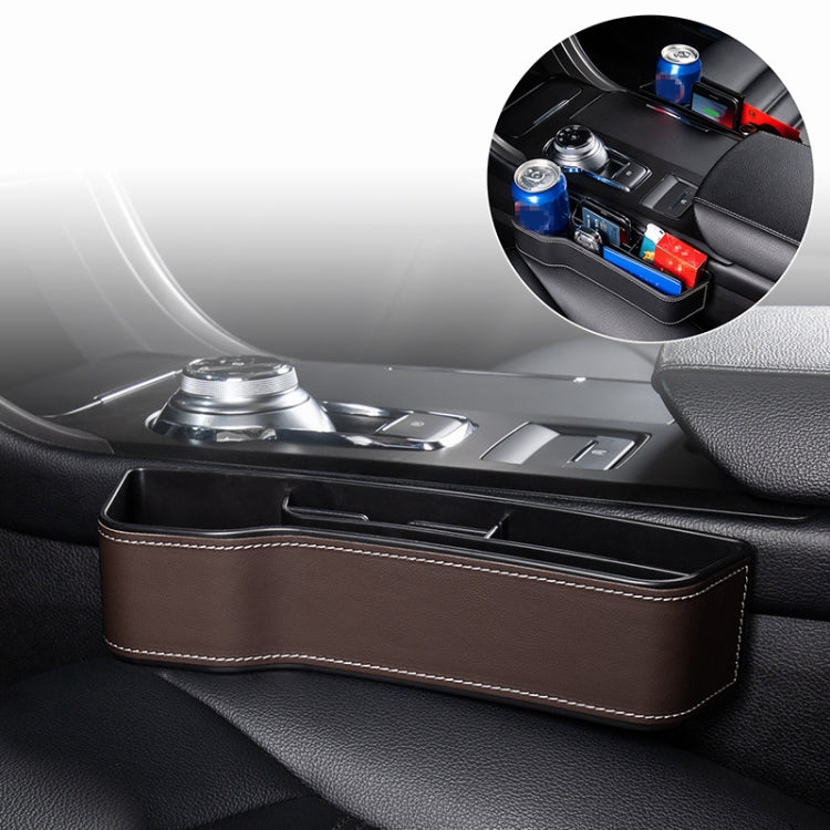 Car seat gap storage box with cup holder insert, brown leather-style with contrast stitching