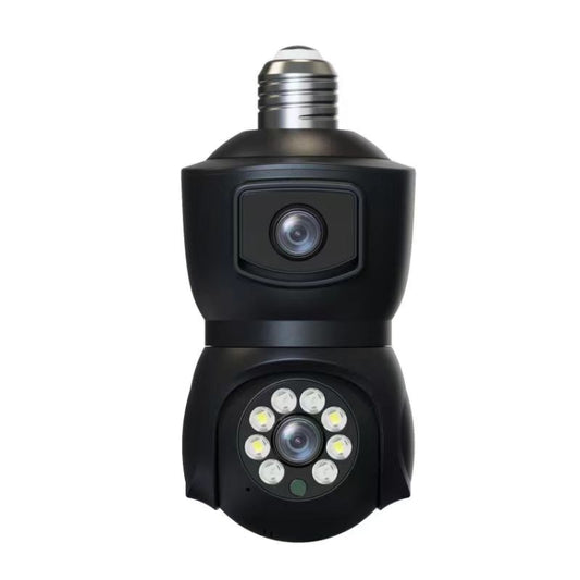 Black dual-lens motion tracking smart camera bulb with front lens and LEDs