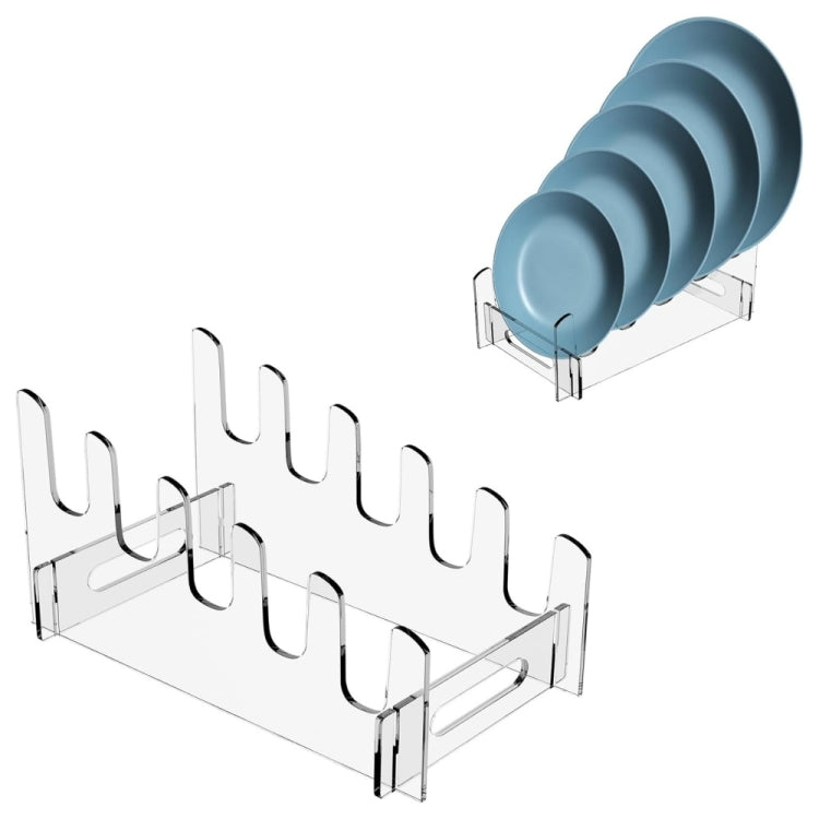 Clear acrylic plate drainer rack with blue plates resting on holder arms
