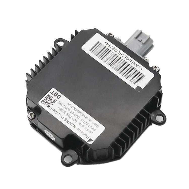 HID ballast module with black casing, barcode label, and dual electrical ports
