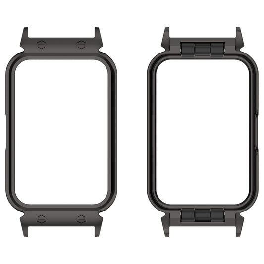 Black metal protective watch case frame shown from front and back