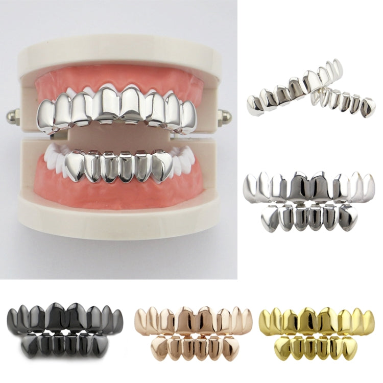 Assorted metal tooth grill sets in silver, black, rose gold, and gold