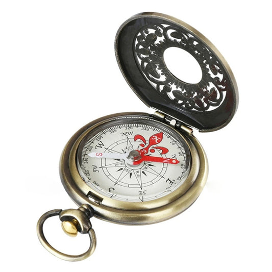 Retro flip pocket watch compass with black filigree lid and gold-tone case