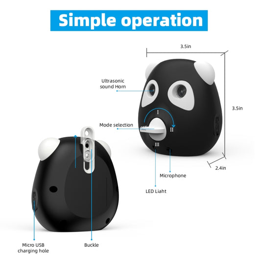 Black ultrasonic bark stopper with microphone, LED light, and charging USB port details