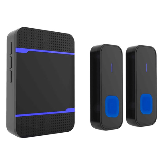 Wireless doorbell receiver and two waterproof transmitters, dark gray with blue accents.