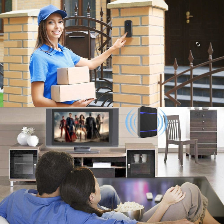 Wireless doorbell receiver with blue ring alert in a living room setting.