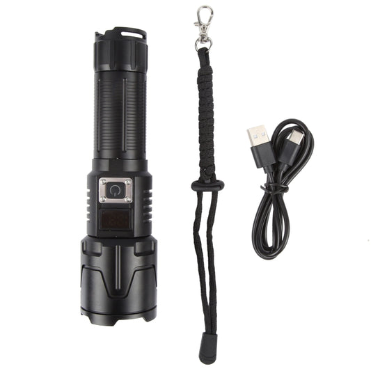 Black LED flashlight kit with lanyard and USB charging cable