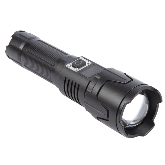 Black tactical zoom LED flashlight with textured grip and front reflector lens