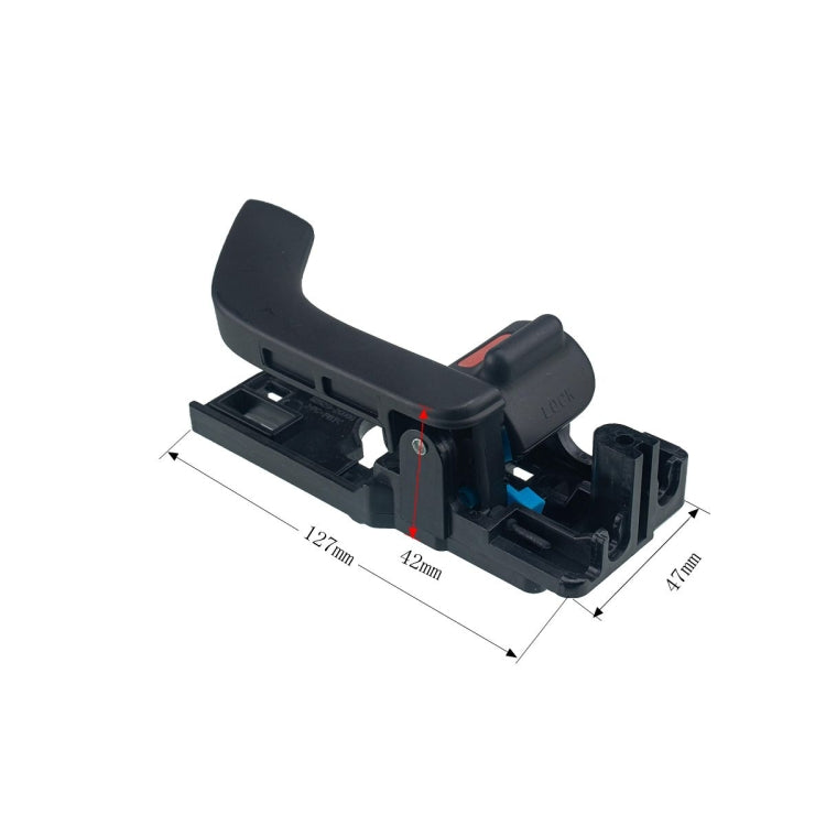 Right front inner door handle assembly, black plastic; 127 mm x 42 mm x 41 mm
