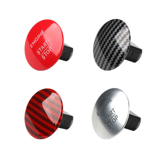 Set of engine start stop button covers in red carbon, black carbon, and silver