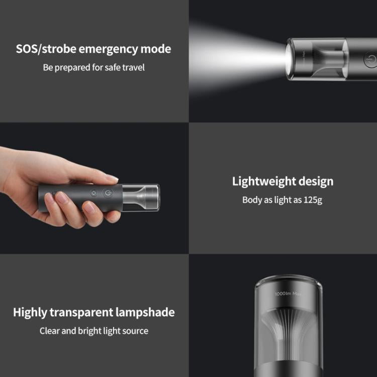 Handheld black flashlight with transparent lampshade and side control buttons