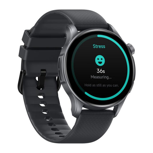 Zeblaze Btalk 3 GPS smartwatch showing a stress measurement screen