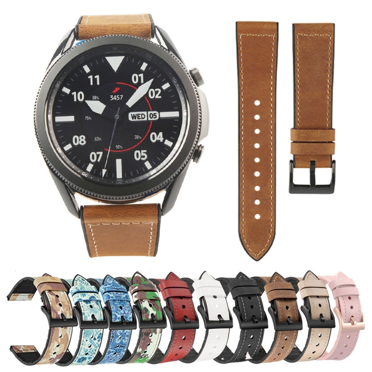 Tan leather-style watchband strap with metal buckle and stitched holes