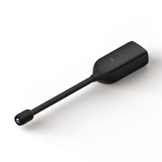 Black snake-tube security camera with long flexible arm and visible lens tip