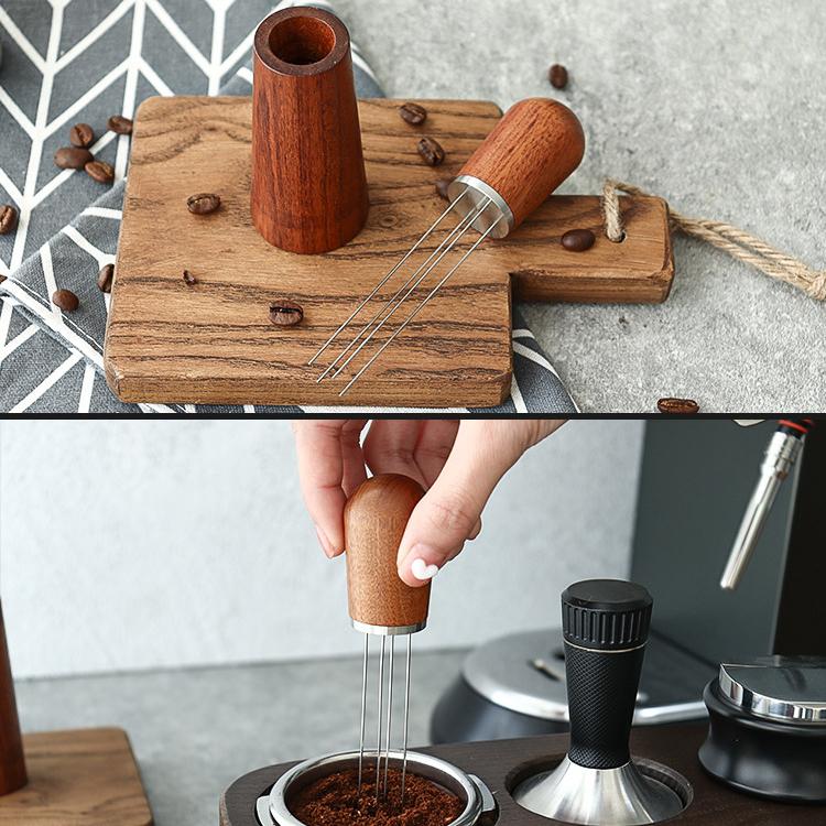 Coffee powder distribution needle set with wooden base and stainless prongs