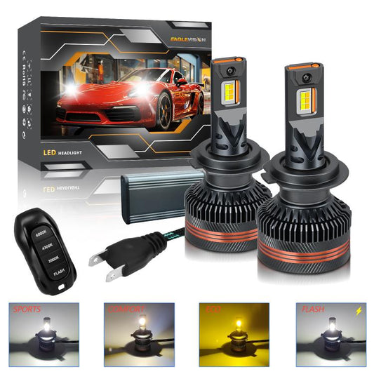 Car LED headlight bulb kit with two bulbs, remote controller, and wiring