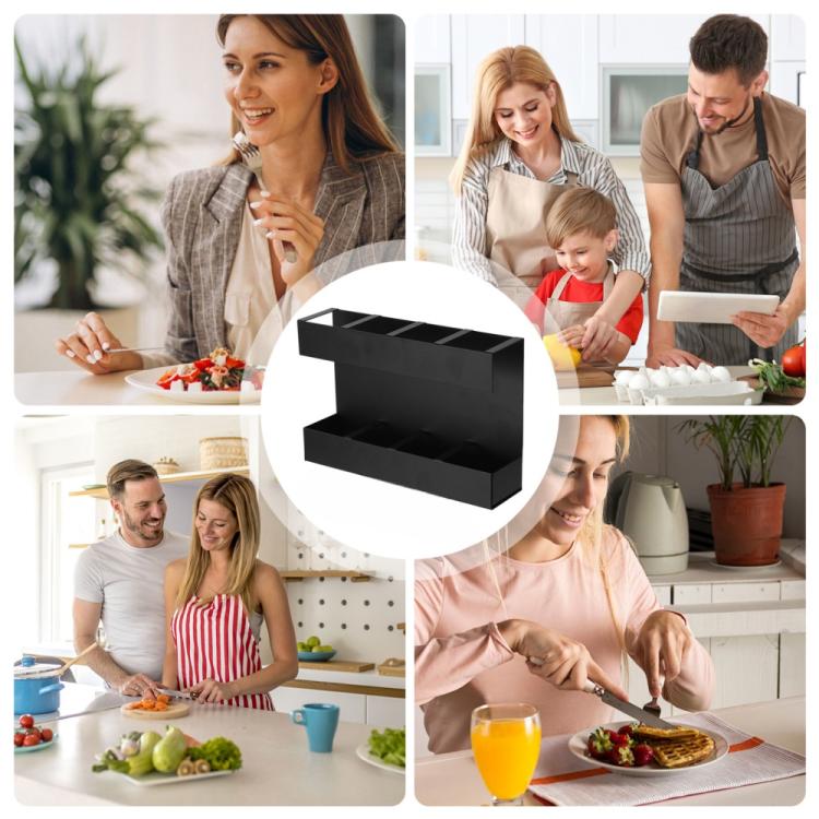 Black metal four-grid cutlery organizer rack used in home kitchen dining scenes