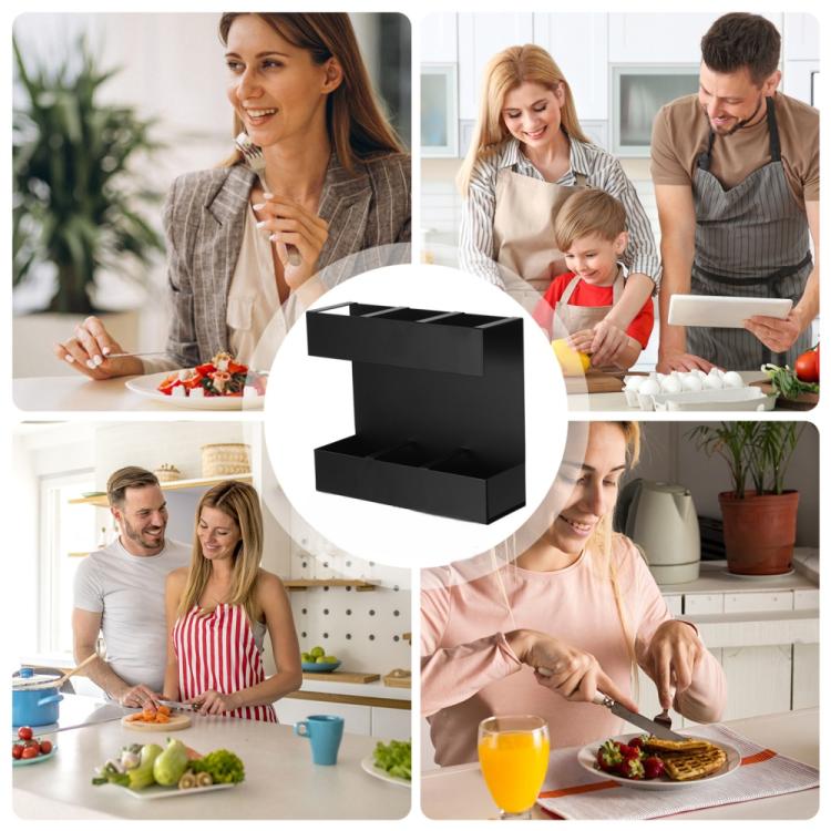 Black cutlery organizer rack icon in a kitchen lifestyle collage