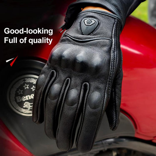 Close-up of black motorcycle sheepskin glove with padded knuckles and rugged leather texture