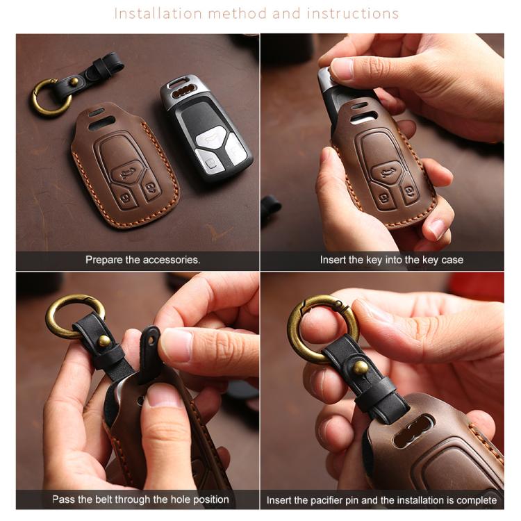 Leather key fob cover installation showing key case and key inserted with key ring