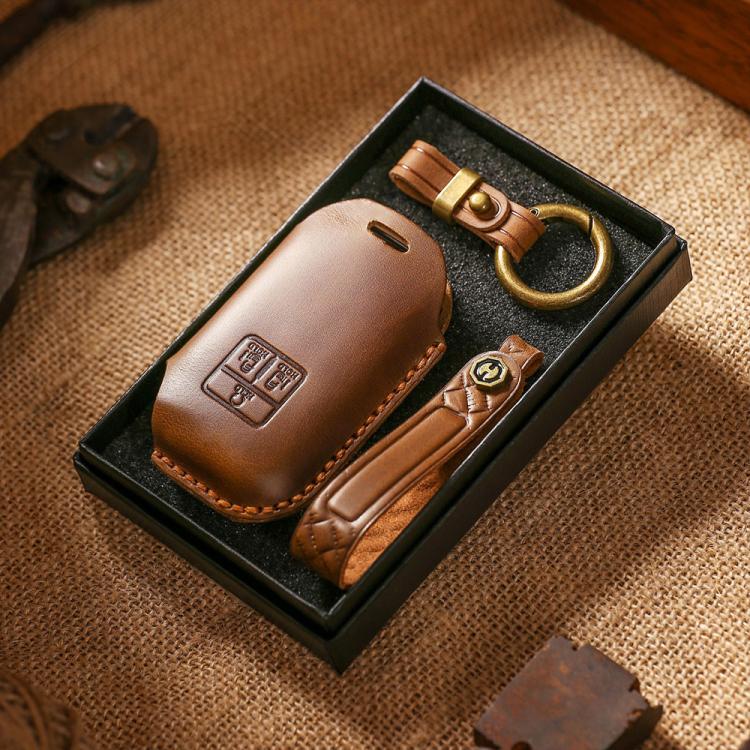 Leather key fob protection cover set in a gift box with key ring and strap