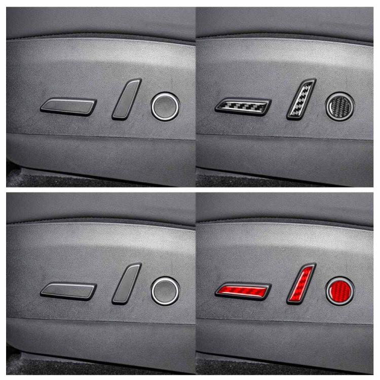 Car seat adjustment button stickers in black and red, shown on panel