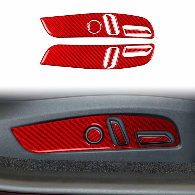 Carbon fiber car seat adjustment panel sticker set, red, installed on car interior panel with controls