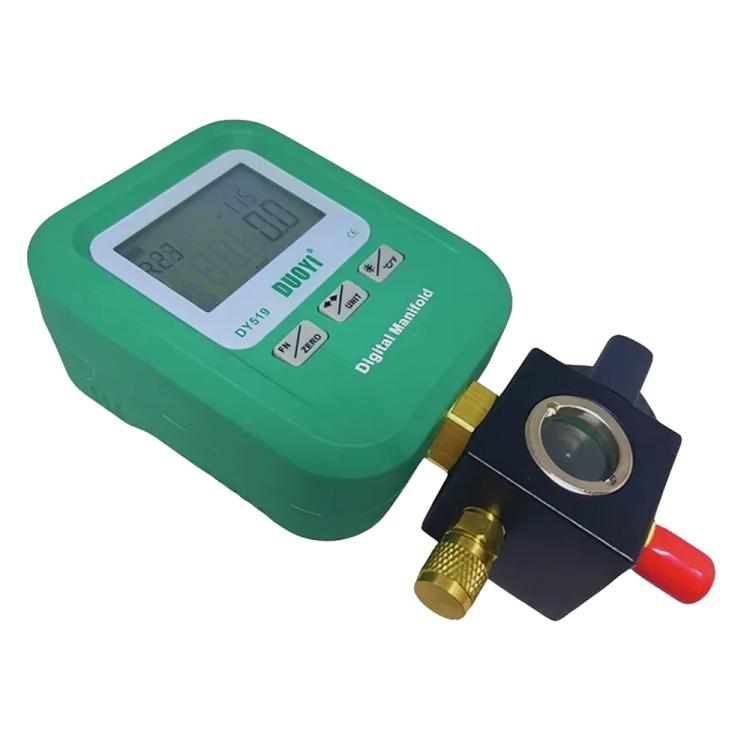 Digital manifold gauge with LCD display, brass port, red and blue slide control