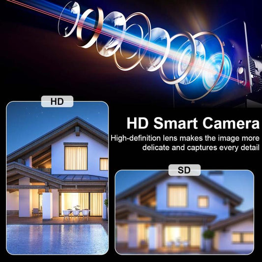 Mini smart camera graphic with blue lens and house video preview window