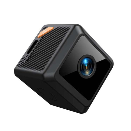 Black mini Wi‑Fi security camera with blue-glowing lens and vented side panel