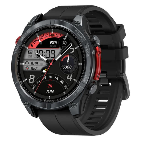 Zeblaze Stratos 4 black GPS smartwatch with rugged case, red side button and round digital display