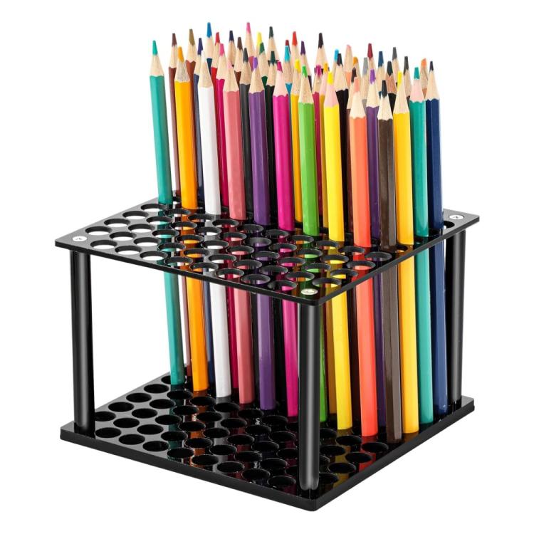Black 96-hole acrylic brush/pencil stand with colorful pencils in holes