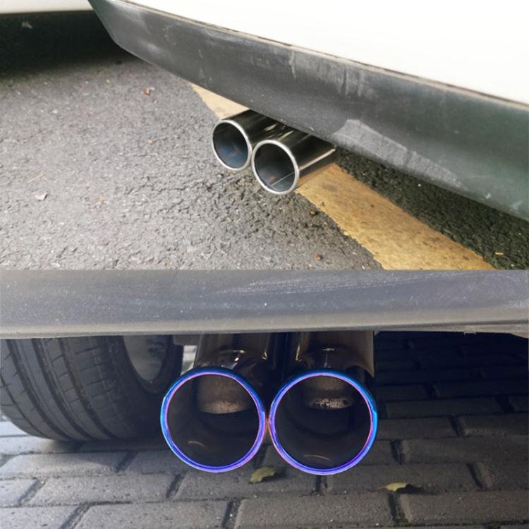 Stainless steel dual exhaust tailpipe with bright blue ring tips under bumper