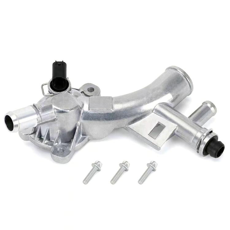 Car thermostat housing water pump outlet, silver metal with black electrical connector